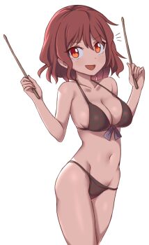 1girl bikini breasts brown_hair cachemerro cleavage cowboy_shot drumsticks front-tie_bikini_top front-tie_top horikawa_raiko medium_breasts navel orange_eyes short_hair simple_background smile solo swimsuit touhou white_background