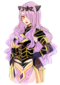 1girl between_breasts breasts camilla_(fire_emblem) caramocci cleavage fire_emblem fire_emblem_fates hair_over_one_eye hand_on_own_hip large_breasts long_hair nintendo one_eye_covered purple_eyes purple_hair simple_background solo strap_between_breasts tiara wavy_hair