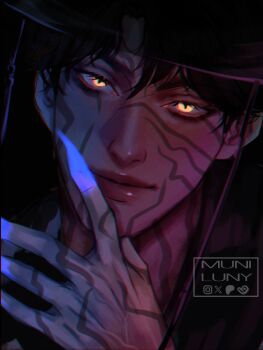 1boy artist_name black_background black_hair close-up commentary demon eyelashes facial_mark gat_(hat) hat highres jinu_(kpop_demon_hunters) kpop_demon_hunters male_focus muni_luny short_hair smile solo yellow_eyes