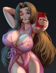 Rule 34 | 1girl, arm behind head, blue eyes, breasts, brown hair, cleavage, collarbone, covered nipples, dudeunderscore, hair intakes, holding, large breasts, limbus company, lingerie, long hair, nightgown, phone, project moon, rodion (project moon), see-through, simple background, solo, underwear, very long hair