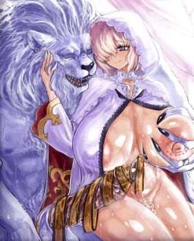 1boy 1girl animal_penis boggart_(fate) breasts claws dress erection fate/grand_order fate_(series) furry furry_male furry_with_non-furry gown grabbing_another's_breast groping hand_on_another's_face highres huge_areolae huge_breasts huge_penis husband_and_wife interspecies lion_boy lion_mane maabo_harusame mane mash_kyrielight mash_kyrielight_(bridal_gown) nipples one_breast_out penis pink_hair purple_eyes short_hair smile thighs white_fur