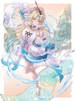 1girl absurdres afezeria android arm_up bell_sleeves black_choker blonde_hair blue_dress breasts calligraphy_brush choker cleavage closed_mouth detached_sleeves dress forehead_jewel frilled_choker frilled_dress frilled_sleeves frills from_above full_body gradient_hair hand_up high_heels highres honkai:_star_rail honkai_(series) long_hair long_sleeves looking_at_viewer looking_up mountain multicolored_hair paintbrush parted_bangs pearl_(honkai:_star_rail) purple_eyes robot robot_girl smile solo standing standing_on_one_leg two-tone_dress very_long_hair water white_dress white_sleeves wide_sleeves
