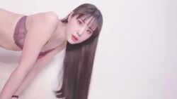 1girl all_fours animated asian ass audible_music bare_legs black_hair black_thighhighs bra breasts curvy japanese_(nationality) lingerie long_hair medium_breasts model paw_pose photo_(medium) real_life ririkana shiny_clothes shiny_skin simple_background skindentation smile solo sound tagme thighhighs thighs thong underwear underwear_only video