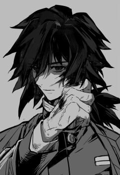 1boy black_jacket buttons closed_mouth demon_slayer_uniform empty_eyes greyscale hand_up haori high_collar highres jacket japanese_clothes kikkoumon kimetsu_no_yaiba looking_at_viewer low_ponytail male_focus monochrome ponytail print_haori simple_background solo spiked_hair tomioka_giyuu upper_body whd5er white_background