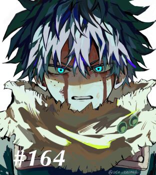 1boy blood blood_on_face blue_eyes boku_no_hero_academia clenched_teeth glowing glowing_eyes green_hair highres injury looking_at_viewer male_focus midoriya_izuku portrait scarf short_hair simple_background solo superhero_costume teeth torn_clothes use_zeinuki white_background
