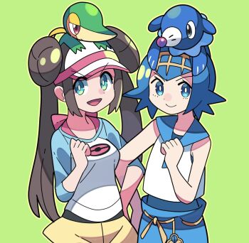 2girls :d blue_eyes blue_hair blue_pants blue_sailor_collar bright_pupils brown_hair closed_mouth commentary_request donut_hair_bun double_bun gen_5_pokemon gen_7_pokemon green_background green_eyes hair_bun hairband highres lana_(pokemon) locked_arms multiple_girls nintendo no_sclera on_head one-piece_swimsuit open_mouth pants pokemon pokemon_(creature) pokemon_bw2 pokemon_on_head pokemon_sm popplio raglan_sleeves rosa_(pokemon) sailor_collar shirt short_hair shorts simple_background sleeveless sleeveless_shirt smile snivy stchame swimsuit swimsuit_under_clothes twintails visor_cap white_pupils white_shirt yellow_hairband yellow_shorts