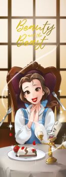Rule 34 | 1boy, 1girl, animification, ano (sbee), beauty and the beast (disney), belle (disney), brown eyes, brown hair, cake, cake slice, copyright name, dress, food, fork, highres, lips, long hair, looking at viewer, lumiere (disney), plate, ponytail, smile, table