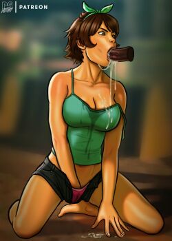 1girl :>= barefoot breasts brown_eyes brown_hair camisole cheekbones cleavage collarbone commentary cum cum_in_mouth cum_on_body cum_on_breasts cum_on_clothes cum_on_upper_body cumdrip dark-skinned_male dark_penis dark_skin disembodied_penis earrings english_commentary fellatio female_masturbation full_body green_hairband hairband hand_in_panties hetero highres interracial jewelry josie_rizal kneeling large_breasts lips masturbation midriff_peek namco navel no_bra nose oral panties penis photo-referenced pink_panties ponpu_(pumpkinsinclair) saliva saliva_trail short_hair short_shorts shorts solo_focus stomach strap_slip stud_earrings tan tekken tekken_7 uncensored underwear wet wet_clothes wet_panties