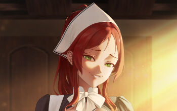 1girl aisha_greyrat aqwariate brown_hair commentary cropped english_commentary fang green_eyes highres indoors long_hair looking_at_viewer maid mushoku_tensei neck_ribbon paid_reward_available parted_lips portrait ribbon skin_fang solo white_headdress white_ribbon