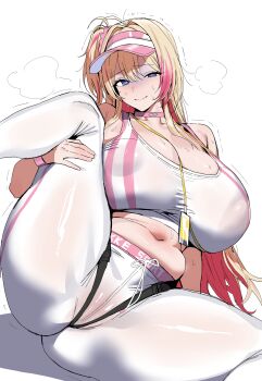 1girl absurdres blonde_hair blue_eyes breasts choker closed_mouth commentary covered_erect_nipples goddess_of_victory:_nikke hair_ornament hair_scrunchie highres huge_breasts lanyard leg_up liveryn_(nikke) looking_at_viewer mole mole_under_eye navel pants pink_choker pink_hair pink_scrunchie scrunchie shirt side_ponytail simple_background sitting smile solo spread_legs steaming_body sweat visor_cap white_background white_pants white_shirt xipa