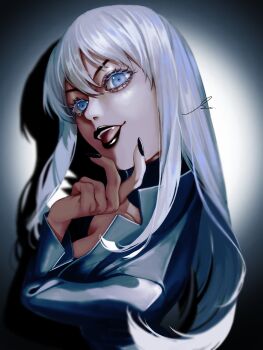 1girl artist_name bad_id bad_twitter_id black_lips black_nails blue_eyes bodysuit breasts cleavage devil_summoner:_soul_hackers devil_summoner_(series) fangs hand_on_own_chin highres lipstick looking_at_viewer makeup nail_polish nemissa open_mouth s_ir_s shadow solo
