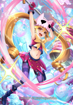 1girl black_pantyhose blonde_hair copyright_notice cropped_shirt drill_hair eldora_(wixoss) gloves hammer hokuyuu holding holding_hammer long_hair looking_at_viewer official_art open_mouth pantyhose pink_shirt pink_skirt purple_pantyhose red_gloves shirt skirt smile solo striped_clothes striped_pantyhose teeth twin_drills upper_teeth_only very_long_hair wixoss yellow_eyes