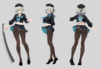 1girl arms_behind_back ass ayamo_kaoru beret black_hat black_jacket black_serafuku black_skirt breasts brown_pantyhose closed_mouth clothes_lift commentary_request commission crossed_arms eyebrows_hidden_by_hair from_behind from_side full_body grey_background grey_hair hair_between_eyes hat highres jacket looking_at_viewer medium_breasts multicolored_hair multiple_views navel open_mouth original panties panties_under_pantyhose pantyhose school_uniform serafuku short_hair simple_background skirt skirt_lift smile streaked_hair sword tiptoes underwear weapon white_panties wind wind_lift