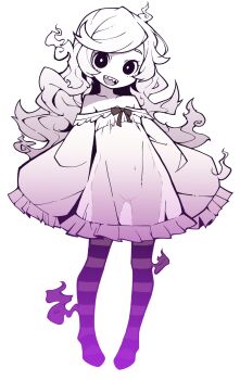 1girl :d akableak black_eyes bow bright_pupils dress dress_bow ghost_girl gluteal_fold high_contrast highres loli long_hair looking_at_viewer navel off-shoulder_dress off_shoulder open_mouth pantyhose see-through_clothes see-through_dress sharp_teeth simple_background sleeves_past_fingers sleeves_past_wrists smile solo striped_clothes striped_pantyhose swept_bangs teeth tri_fold_tale white_background white_dress white_hair white_pupils