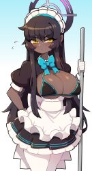 Rule 34 | 1girl, absurdres, alternate costume, bikini, black bikini, black hair, blue archive, blue bow, blush, bow, breasts, cleavage, closed mouth, daigada, dark-skinned female, dark skin, enmaided, halo, highres, karin (blue archive), large breasts, long hair, looking at viewer, maid, solo, sweat, swimsuit, yellow eyes