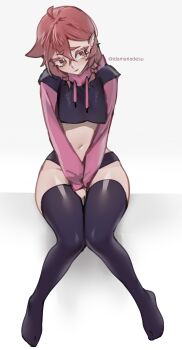 1girl absurdres between_legs black_thighhighs braid breasts brown_eyes brown_hair cropped_hoodie ear_piercing earrings full_body hair_between_eyes hand_between_legs highres hood hoodie idamaria jewelry long_sleeves looking_to_the_side micro_shorts midriff navel no_shoes original piercing pointy_ears red_hair short_hair shorts simple_background sitting solo thighhighs twin_braids twitter_username white_background