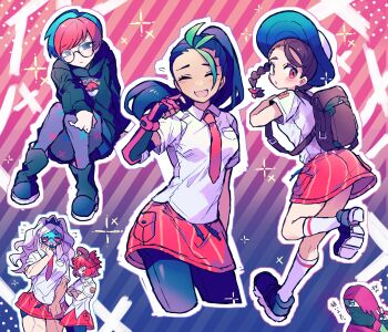 1boy 5girls :d absurdres ahoge atticus_(pokemon) black_hair black_hoodie black_shoes blonde_hair blue_hair blue_hat brown_bag brown_hair closed_eyes collared_shirt commentary_request dark-skinned_female dark_skin eri_(pokemon) facepaint freckles fuji_den_fujiko full_body glasses green_hair grey_eyes grey_pantyhose hat highres hood hoodie juliana_(pokemon) long_hair long_sleeves looking_at_viewer mela_(pokemon) multicolored_hair multiple_girls naranja_academy_school_uniform necktie nemona_(pokemon) nintendo open_mouth orange_necktie orange_shorts pantyhose penny_(pokemon) pokemon pokemon_sv ponytail purple_background red_eyes red_hair round_eyewear school_uniform shirt shoes short_hair short_sleeves shorts simple_background sitting smile socks standing striped_background two-tone_hair upper_body white_shirt white_socks