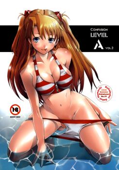 1girl :p alternate_breast_size_(larger) bikini blue_eyes breasts cleavage confusion_level_a female_focus highres kneeling kohakutei large_breasts long_hair navel neon_genesis_evangelion orange_hair red_hair sakai_hamachi solo souryuu_asuka_langley striped swimsuit tongue tongue_out water