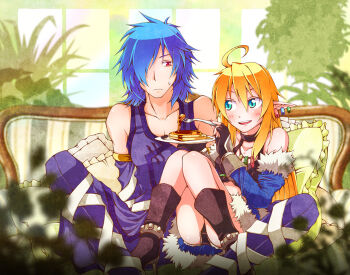 1boy 1girl ahoge assassin_(ragnarok_online) black_shorts black_socks blue_eyes blue_hair blue_sleeves blush borrowed_character commentary_request detached_sleeves earrings feeding food fork full_body fur_sleeves hair_over_one_eye holding holding_fork indoors jewelry long_hair looking_at_another looking_to_the_side open_mouth pancake pants plant pointy_ears purple_pants purple_tank_top ragnarok_online red_eyes saaki_(sa-ki) short_shorts shorts sitting smile socks stalker_(ragnarok_online) tank_top