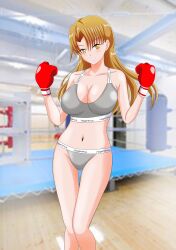 Rule 34 | 1girl, blonde hair, boxing gloves, boxing ring, breasts, cleavage, highres, large breasts, legs, long hair, looking at viewer, midriff, navel, original, panties, parted lips, pink lips, smile, solo, sports bra, thighs, underwear, yellow eyes