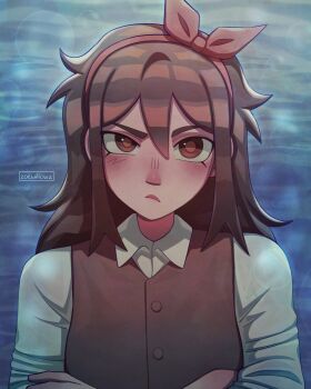 1girl alternate_costume alternate_eye_color alternate_hairstyle alternate_universe annoyed artist_name aubrey_(faraway)_(omori) aubrey_(omori) black_hair black_vest brown_eyes closed_mouth collared_shirt crossed_arms double-parted_bangs hair_between_eyes hairband highres long_hair long_sleeves looking_at_viewer omori pink_hairband shirt solo upper_body vest white_shirt zoewillowz