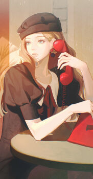 1girl absurdres antique_phone black_hat blonde_hair blue_eyes character_request chinese_commentary collarbone commentary commentary_request copyright_request earrings english_commentary gootai hand_up hat highres holding holding_phone jewelry lips long_hair looking_to_the_side mixed-language_commentary phone puffy_sleeves rotary_phone short_sleeves sitting solo table upper_body