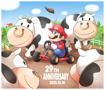 Rule 34 | 1boy, absurdres, anniversary, aogaeru (pixiv46613656), black hair, brown shoes, commentary request, cow, dated, day, driving, face piercing, facial hair, fence, gloves, go-kart, highres, mario, mario (series), mario kart, mario kart 64, moo moo (mario), mustache, nintendo, nose piercing, nose ring, outdoors, overalls, piercing, shoes, solo, sweatdrop, white gloves