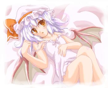 1girl bare_shoulders bat_wings collarbone commentary_request hair_between_eyes hat hat_ribbon looking_at_viewer lying marimo_(artist) mob_cap oekaki on_back purple_hair remilia_scarlet revision ribbon short_hair solo strap_slip touhou white_hat wings yellow_eyes