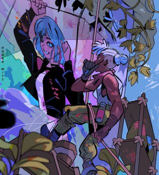 1boy 1girl arcane:_league_of_legends arcane_jinx artist_name bare_shoulders black_gloves black_jacket blue_eyes blue_hair bucket bug commentary dark-skinned_male dark_skin dragonfly dreadlocks dress earrings ekko_(league_of_legends) english_commentary fingerless_gloves firelight_ekko gloves green_pants grin insect jacket jewelry jinx_(league_of_legends) league_of_legends looking_at_another medium_hair paint_on_clothes painting_(action) painting_(object) pants pink_scarf plant rogerwitt scaffolding scarf single_fingerless_glove smile tank_top vines white_dress white_hair white_tank_top