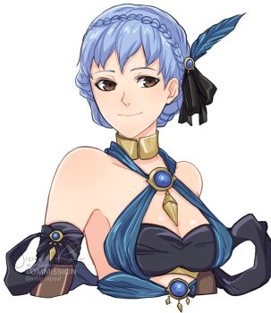 1girl alternate_costume bare_shoulders blue_hair breasts cleavage collared_halterneck cosplay dancer dorothea_arnault dorothea_arnault_(plegian) dorothea_arnault_(plegian)_(cosplay) feather_hair_ornament feathers fire_emblem fire_emblem:_three_houses fire_emblem_heroes grey_eyes hair_ornament highres marianne_von_edmund marianne_von_edmund_(timeskip) medium_breasts nintendo short_hair sierra117renner solo upper_body