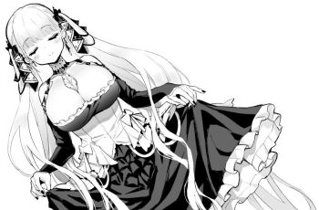 1girl azur_lane between_breasts blush breasts cleavage commentary curtsey detached_sleeves dress dutch_angle earrings formidable_(azur_lane) frilled_dress frills gothic_lolita greyscale hair_ribbon hori_(hori_no_su) jewelry large_breasts lolita_fashion long_hair monochrome ribbon simple_background solo twintails two-tone_ribbon white_background