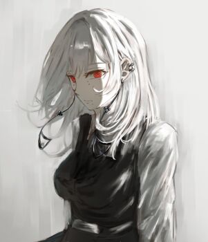 1girl black_dress chainsaw_man closed_mouth dress earrings fami_(chainsaw_man) fourth_east_high_school_uniform highres jewelry long_hair long_sleeves mole mole_under_eye mole_under_mouth multiple_moles pinafore_dress red_eyes ringed_eyes school_uniform shirt sleeveless sleeveless_dress solo white_hair white_shirt yuki_(gnze4437)