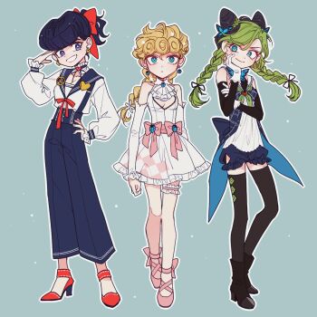 3girls alternate_hairstyle aqua_eyes black_hair black_thighhighs blouse blue_sailor_collar bow braid braided_ponytail breasts bun_with_braided_base butterfly_hair_ornament cleavage cleavage_cutout clothing_cutout commentary_request cone_hair_bun detached_sleeves diamond_wa_kudakenai double_bun dress earrings genderswap genderswap_(mtf) giorno_giovanna gloves green_hair grin hair_bow hair_bun hair_ornament hand_on_own_hip heart heart_earrings higashikata_josuke high-waist_pants high_heels jewelry jojo_no_kimyou_na_bouken kuujou_jolyne low_twin_braids multicolored_hair multiple_girls pants pink_bow pompadour purple_eyes sailor_collar sempon_(doppio_note) shirt short_dress small_breasts smile stone_ocean thigh_strap thighhighs twin_braids two-tone_hair vento_aureo white_gloves