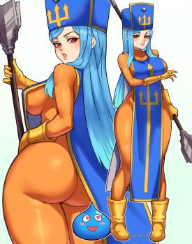 1girl 1other ass blue_hair blue_tabard blush_stickers bodysuit boots breasts brown_eyes closed_mouth cowboy_shot dragon_quest from_behind gloves gradient_background hat holding holding_staff long_hair looking_at_viewer looking_back luchidart medium_breasts multiple_views orange_bodysuit priest_(dq3) slime_(dragon_quest) staff standing tabard white_background yellow_boots yellow_gloves