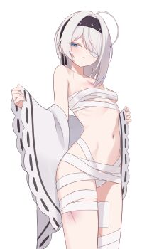 1girl :< absurdres ahoge asymmetrical_bangs bandage_on_leg bandage_over_one_eye bandages bebetang black_hairband black_survival blue_eyes breasts bruise bruise_on_leg commentary_request cowboy_shot detached_sleeves eternal_return:_black_survival groin hair_ribbon hairband highres injury korean_commentary looking_to_the_side naked_bandage navel ribbon short_hair sissela_(black_survival) small_breasts stomach thighs white_background wide_sleeves