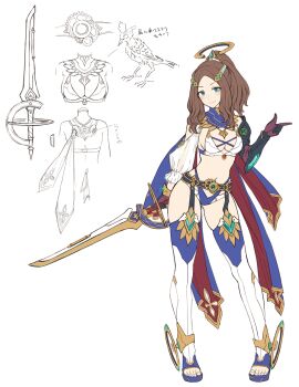 1girl alternate_costume asymmetrical_sleeves blue_eyes breasts brown_hair cleavage comiket_107 fate/grand_order fate_(series) garter_straps halo highres holding holding_sword holding_weapon large_breasts leonardo_da_vinci_(fate) looking_at_viewer mechanical_halo midriff open-toe_shoes ponytail ranma_(kamenrideroz) reference_sheet short_ponytail simple_background sketch smile solo sword thighhighs weapon white_background white_thighhighs