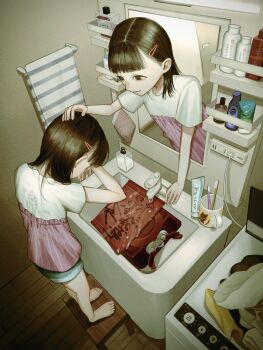 2girls absurdres backpack bag barefoot bathroom brown_hair bullying center-flap_bangs child clone commentary_request crying cup electrical_outlet faucet footprint_on_body footprints footstool hair_ornament hairclip hand_on_another&#039;s_head highres horror_(theme) indoors iyuru_kuroneko mirror mug multiple_girls original randoseru reflection shelf shirt shorts standing through_medium through_mirror toothbrush towel water wooden_floor