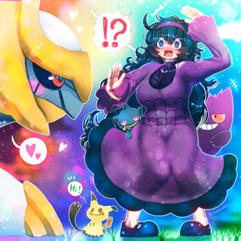 !? +++ 1girl @_@ arms_up banette black_footwear black_hair black_sweater blue_eyes blush breasts colored_sclera curly_hair dress frilled_dress frills full_body gen_1_pokemon gen_3_pokemon gen_4_pokemon gen_7_pokemon gengar giratina grass grin hair_between_eyes hairband hakkasame headband heart hex_maniac_(pokemon) hex_maniac_(pokemon_xy) highres knees_together_feet_apart large_breasts legendary_pokemon long_hair long_sleeves looking_at_animal looking_at_another looking_to_the_side loving_aura mary_janes mimikyu multicolored_eyes mythical_pokemon nintendo notice_lines open_mouth outdoors outline pokemon pokemon_(creature) pokemon_xy purple_dress purple_eyes rainbow_background rainbow_gradient red_sclera ribbed_sweater ringed_eyes shocked_pupils shoes smile speech_bubble spider_web_print spoken_heart spoken_interrobang standing surprised surprised_arms sweat sweat_drops sweater tagme talking teeth thick_thighs thighs turtleneck turtleneck_sweater two-tone_eyes very_long_hair waving waving wavy_mouth wide-eyed