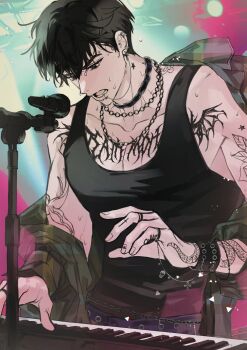 1boy alternate_costume arm_tattoo black_choker black_eyes black_hair black_jacket black_tank_top chain chain_necklace chest_tattoo choker commentary cross_tattoo ear_piercing eyebrow_piercing face_piercing finger_tattoo hair_between_eyes hamin_(plave) highres holding holding_microphone instrument jacket jewelry k-pop keyboard_(instrument) korean_commentary lip_piercing looking_at_object lower_teeth_only male_focus microphone multiple_rings music neck_tattoo necklace open_clothes open_jacket open_mouth piercing plave playing_instrument ring rjduf666 short_hair solo sweat tank_top tattoo teeth upper_body