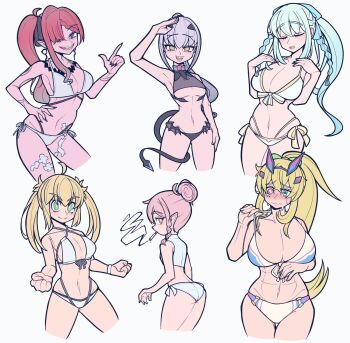 Rule 34 | 6+girls, artoria caster (fate), artoria caster (swimsuit berserker) (first ascension) (fate), artoria pendragon (fate), baobhan sith (fate), baobhan sith (swimsuit pretender) (third ascension) (fate), barghest (fate), barghest (swimsuit archer) (final ascension) (fate), blonde hair, blush, bow, braid, breasts, closed eyes, closed mouth, fate/grand order, fate (series), green eyes, grey eyes, grey hair, habetrot (fate), hair between eyes, hair bow, heterochromia, highres, ichigo berry, long hair, looking at viewer, melusine (fate), melusine (swimsuit ruler) (fate), melusine (swimsuit ruler) (first ascension) (fate), morgan le fay (fate), morgan le fay (water princess) (fate), multiple girls, nail polish, open mouth, pink hair, ponytail, shirt, simple background, smile, swimsuit, twintails, very long hair, white background, white shirt, yellow eyes