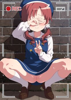 1girl censored commentary_request gochuumon_wa_usagi_desu_ka? hat hemonemo loli mosaic_censoring natsu_megumi no_panties paid_reward_available pussy recording red_hair school_uniform socks solo squatting twintails v viewfinder