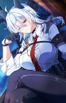 1girl arm_pouch armband black_armband black_choker black_gloves black_horns black_pants breasts button_gap chest_harness choker closed_mouth collared_shirt commentary curled_horns gloves grey_hair hair_between_eyes hand_up harness highres horns large_breasts long_hair mole mole_under_eye multicolored_hair necktie one_eye_closed pants pouch red_eyes red_necktie shirt shirt_tucked_in solo streaked_hair teardrop tight_clothes tight_pants white_shirt wuthering_waves yuyuhi_gm zani_(wuthering_waves)