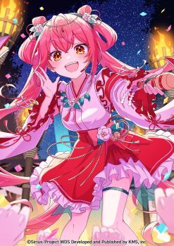 1girl :d blurry blurry_foreground blush breasts commentary_request double_bun flower hair_bun hair_flower hair_ornament highres holding long_hair long_sleeves looking_at_viewer mia10 night official_art ootori_kokona open_mouth outdoors petals pink_hair rose single_thighhigh skirt sky smile solo standing teeth thighhighs twintails watermark wide_sleeves world_dai_star