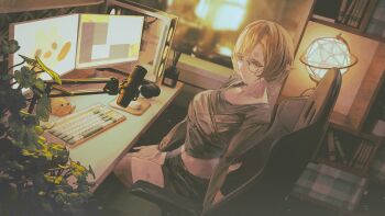 1girl 3d_background absurdres bandaid bandaid_on_leg bare_legs barefoot black_shorts blonde_hair blurry blurry_background book braid breasts chair computer computer_keyboard computer_mouse cropped_shirt dutch_angle eeekaku_tofu feet_on_chair from_side glasses glitch_stars globe grey_shirt hand_on_own_thigh hashtag-only_commentary headphones highres incense indoors kamogumi_(kanna_yanagi) kanna_yanagi kanna_yanagi_(harpy) large_breasts long_hair long_sleeves looking_at_viewer microphone midriff monitor parted_bangs plant pointy_ears round_eyewear shirt short_shorts shorts sidelocks single_braid sitting solo stuffed_toy thick_eyebrows wariza yellow_eyes