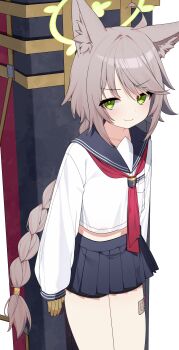 1girl absurdres animal_ear_fluff animal_ears bandaid_on_thigh bike_shorts bike_shorts_under_skirt black_gloves blue_archive blue_sailor_collar blue_skirt braid braided_ponytail breast_pocket breasts commentary commission cowboy_shot crop_top fox_girl gloves green_eyes green_gloves green_halo grey_hair hair_tie halo highres implied_extra_ears leaning_on_weapon long_bangs long_hair microskirt midriff multicolored_gloves neckerchief otogi_(blue_archive) pixiv_commission pocket red_neckerchief rui_p sailor_collar sailor_shirt school_uniform serafuku shirt sidelocks simple_background skirt small_breasts smirk solo tactical_school_uniform thighs two-tone_gloves very_long_hair weapon_case white_background white_shirt