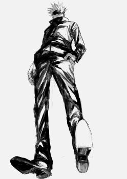 1boy blindfold collared_jacket commentary_request covered_mouth full_body gojou_satoru greyscale hand_in_pocket highres jacket jujutsu_kaisen kuwoniagyu11112 long_sleeves male_focus monochrome pants shoes simple_background solo white_background