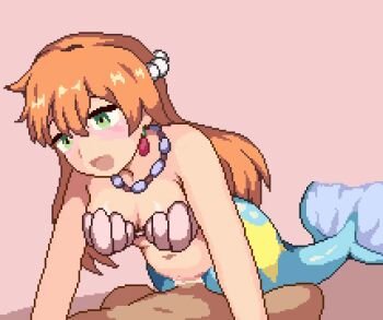 1boy 1girl animal animated animated_gif aqua_eyes bare_shoulders beads bikini blush breasts cum gen_1_pokemon gift gomadare_(310329) interspecies jewelry long_hair looking_at_viewer medium_breasts mermaid mermaid_misty_(pokemon) midriff misty_(pokemon) monster_girl navel necklace nintendo open_mouth orange_hair pearl_necklace penis pixel_art pokemon pokemon_(anime) pokemon_(classic_anime) seashell sex shell shell_bikini simple_background smile swimsuit vaginal