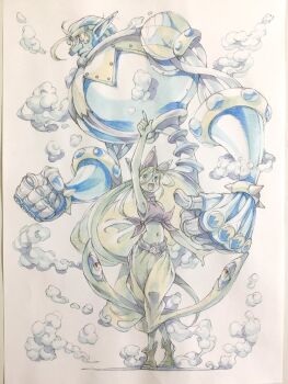 1boy 1girl arm_up bare_arms beard belt black_belt black_eyes blonde_hair blue_hat bracelet brown_eyes clenched_hand commentary facial_hair floating genie goatee half-closed_eyes harem_pants hat highres jewelry living_clothes long_beard long_hair looking_up mecha midriff navel nose open_mouth original pants peter_salt pointing pointing_up pointy_ears ponytail puffy_pants red_hat red_shirt robot shirt sleeveless sleeveless_shirt smile spiked_bracelet spikes steam striped_clothes striped_headwear tied_shirt traditional_media very_long_hair white_hair yellow_pants