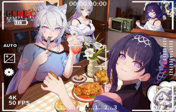 6+girls absurdres ahoge animal_ear_fluff animal_ears blue_eyes blue_hair blue_shirt breasts bronya_zaychik bronya_zaychik_(silverwing:_n-ex) cat_ears chinese_commentary cleavage commentary_request cup food fu_hua grey_hair herrscher_of_sentience highres holding holding_cup honkai_(series) honkai_impact_3rd indoors kiana_kaslana kiana_kaslana_(herrscher_of_finality) large_breasts long_hair m78_zaitaoaotezhanshi microwave multicolored_hair multiple_girls murata_himeko pink_hair plant potted_plant purple_eyes raiden_mei raiden_mei_(apho) recording seele_vollerei shirt short_hair smile table theresa_apocalypse theresa_apocalypse_(schicksal&#039;s_imperative) theresa_apocalypse_(valkyrie_pledge) two-tone_hair very_long_hair viewfinder white_hair white_shirt yawning
