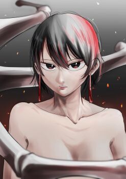 1girl black_background black_hair bone completely_nude covered_erect_nipples earrings embers fire gashadokuro giant_skeleton highres jewelry kagari_hiyuki kagurabachi nude ribbon_earrings sabato_kagura short_hair skeleton